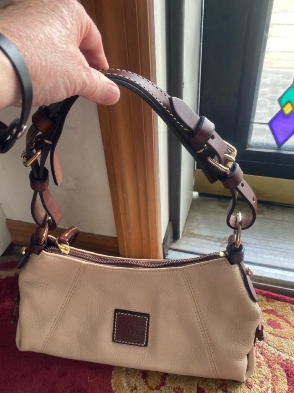Dooney & Bourke Beige Leather Shoulder Bag with Dark Brown Strap